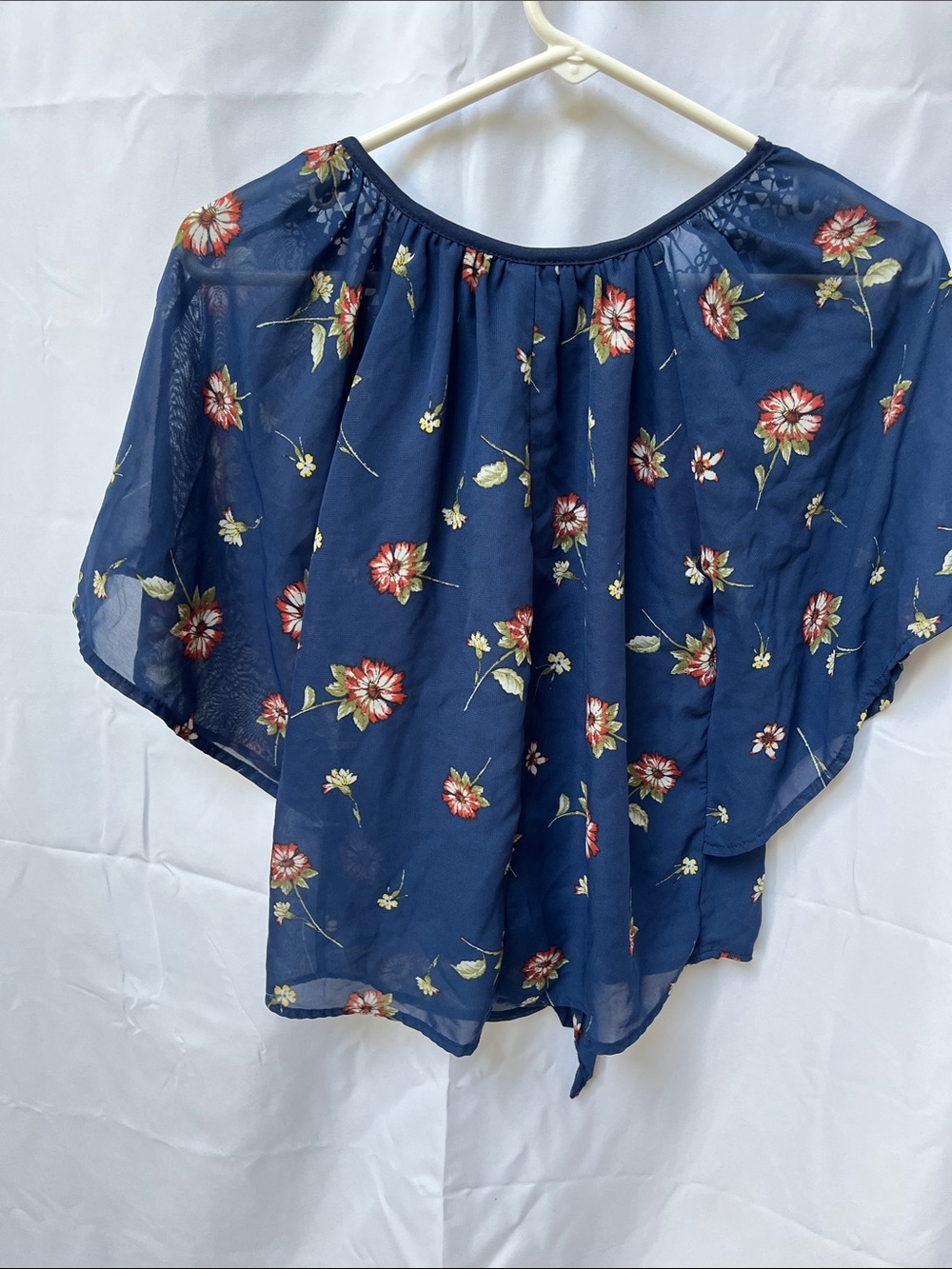 Beautees Navy Floral Crochet Yoke Tie-Front Blouse - Picture 3 of 7